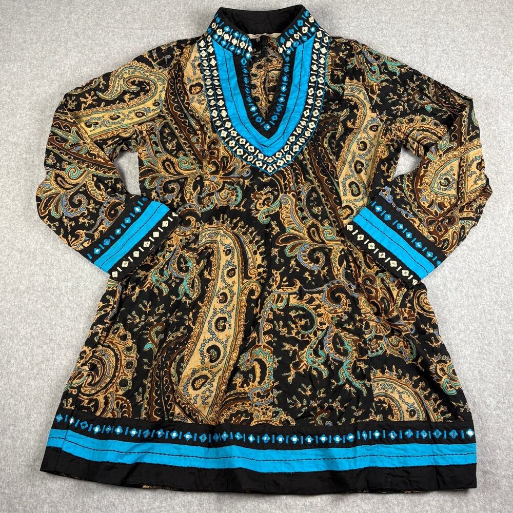Soft Surroundings Tunic M Paisley Embellished Mirror Boho Cotton Top Blue Black